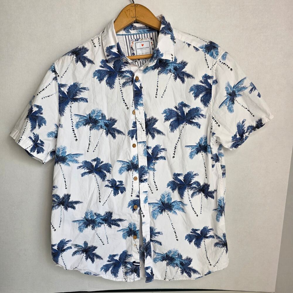 Denim & Flower, White Tropical Hawaiian Print Short Sleeve Button Up, Men's Lrg